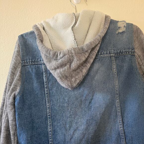 Free People Denim Sweater Jacket Colorblock Women Size M Blue Gray Raw Edge - Picture 9 of 13
